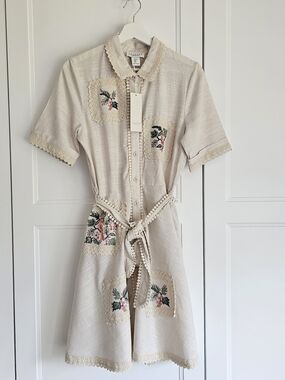 Calypso St Barth Cream Linen Embroidery Patchwork Summer Shirt Dress S NWT $240